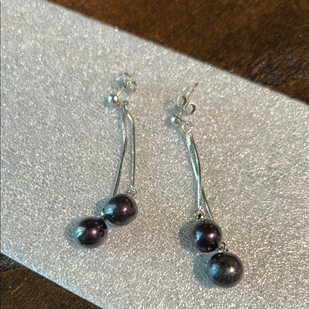 Silver and Black Pearl Tassel Earrings